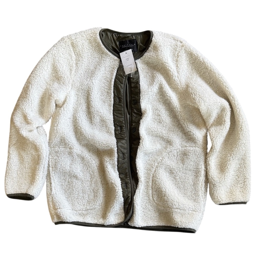 Sanctuary White Sherpa Teddy Jacket with Olive Trim Cottagecore Comfy‎ Size S
